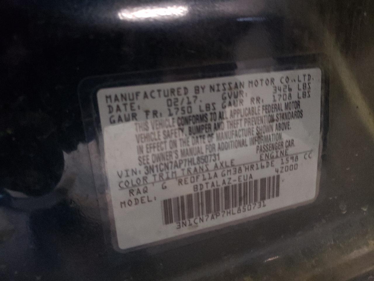 Photo 10 from auction – 2017 NISSAN VERSA S with VIN 3N1CN7AP7HL850731
