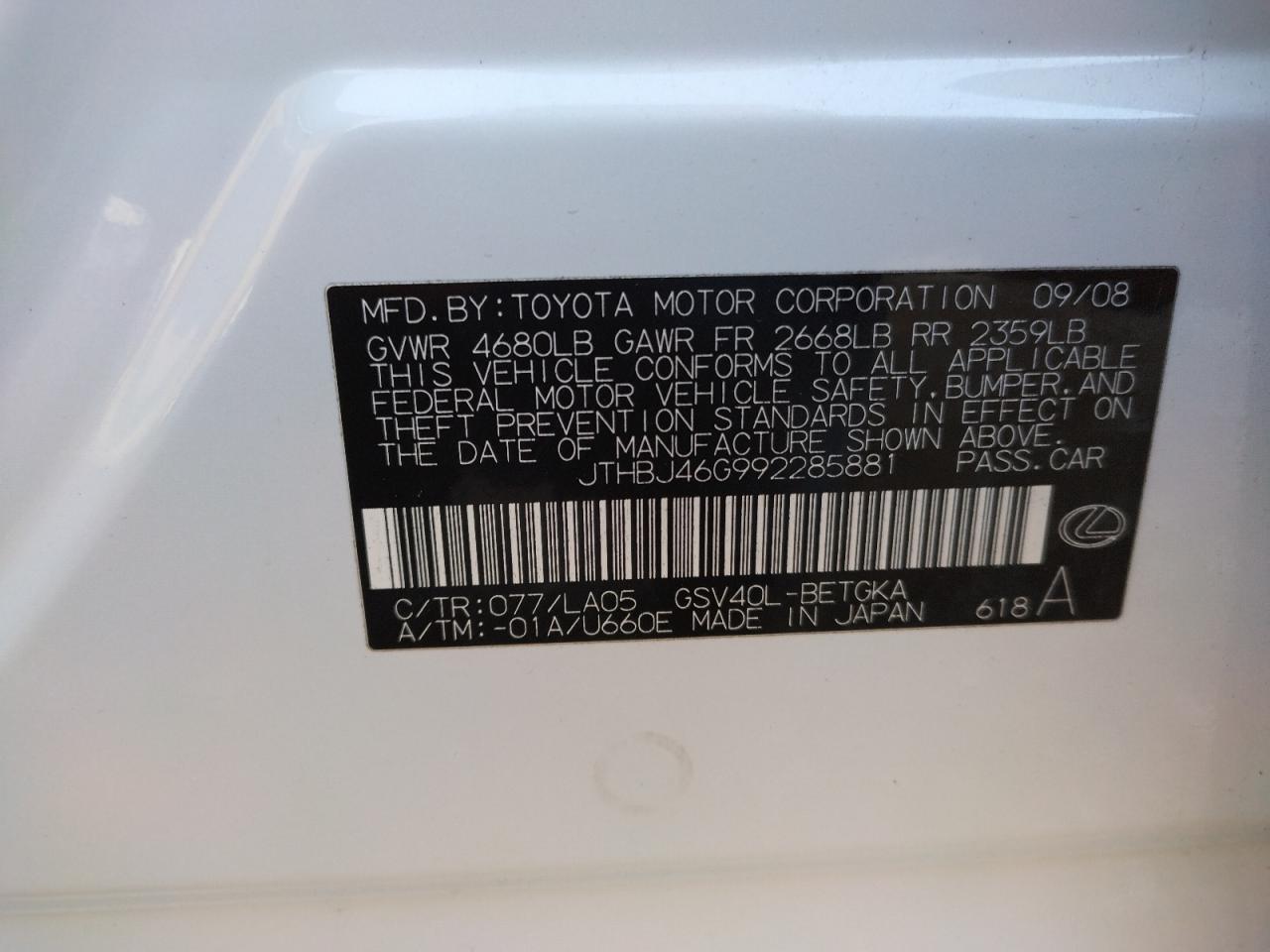 Photo 10 from auction – 2009 LEXUS ES 350 with VIN JTHBJ46G992285881