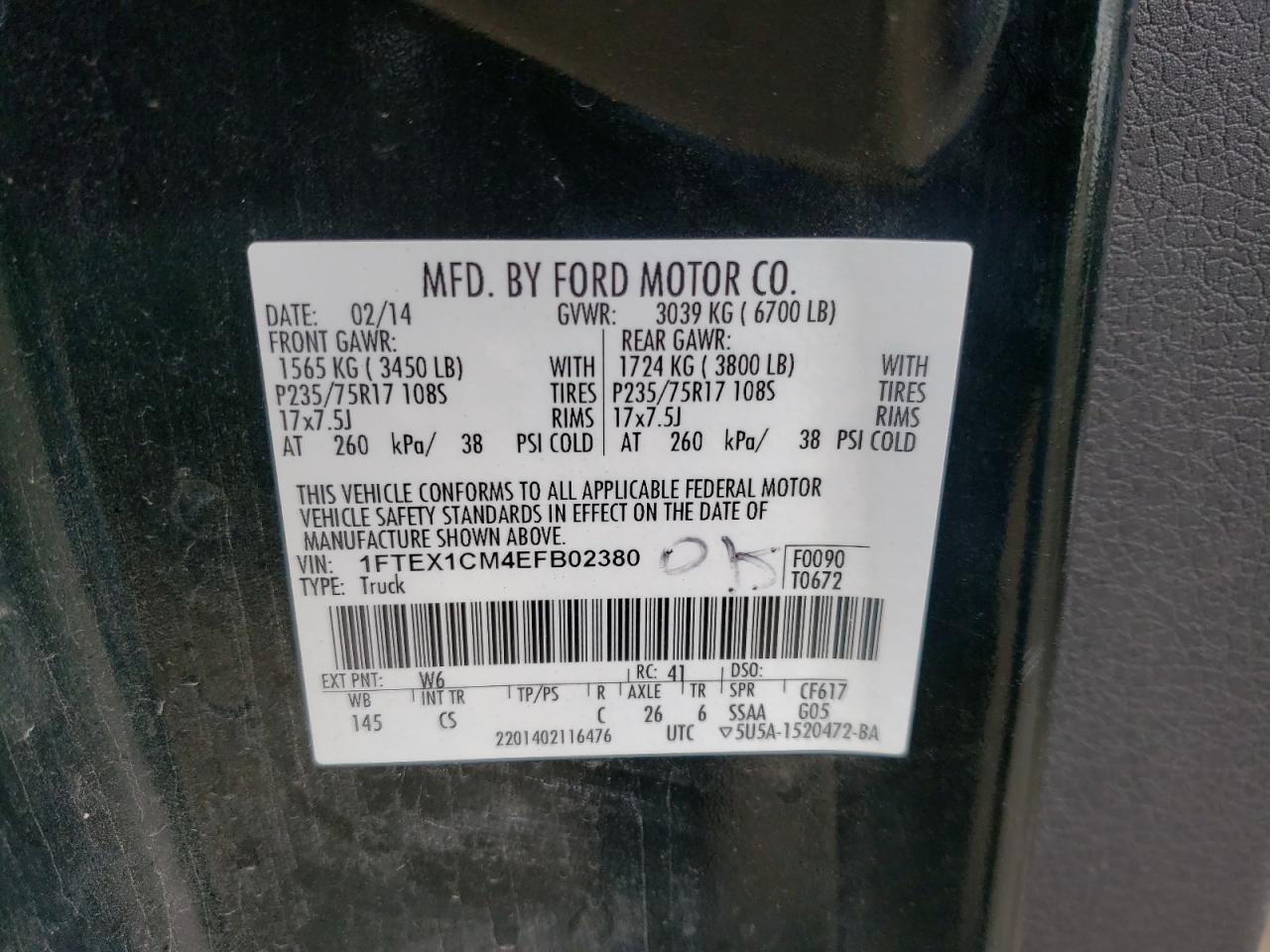 Foto 10 de la subasta – 2014 FORD F150 SUPER con VIN 1FTEX1CM4EFB02380