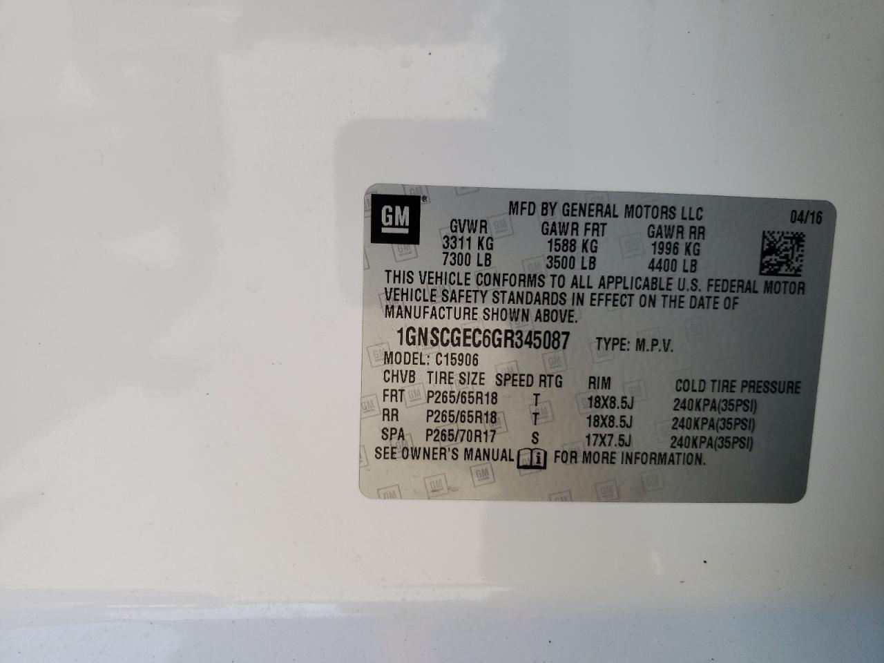 Photo 10 from auction – 2016 CHEVROLET SUBURBAN C with VIN 1GNSCGEC6GR345087