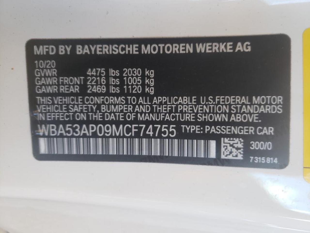 Photo 10 from auction – 2021 BMW 430I with VIN WBA53AP09MCF74755