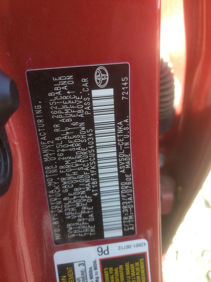 Photo 10 from auction – 2012 TOYOTA CAMRY BASE with VIN 4T1BF1FK5CU540345