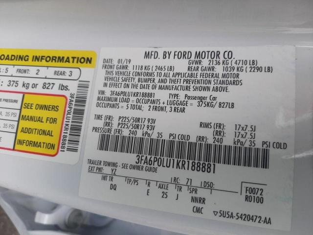 Photo 10 from auction – 2019 FORD FUSION SE with VIN 3FA6P0LU1KR188881