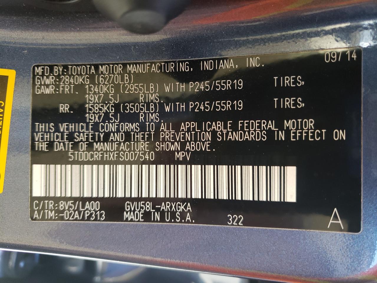 Photo 10 from auction – 2015 TOYOTA HIGHLANDER with VIN 5TDDCRFHXFS007540