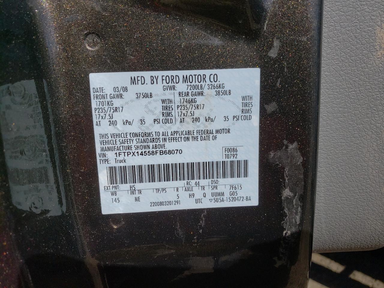 Photo 10 from auction – 2008 FORD F150 with VIN 1FTPX14558FB68070