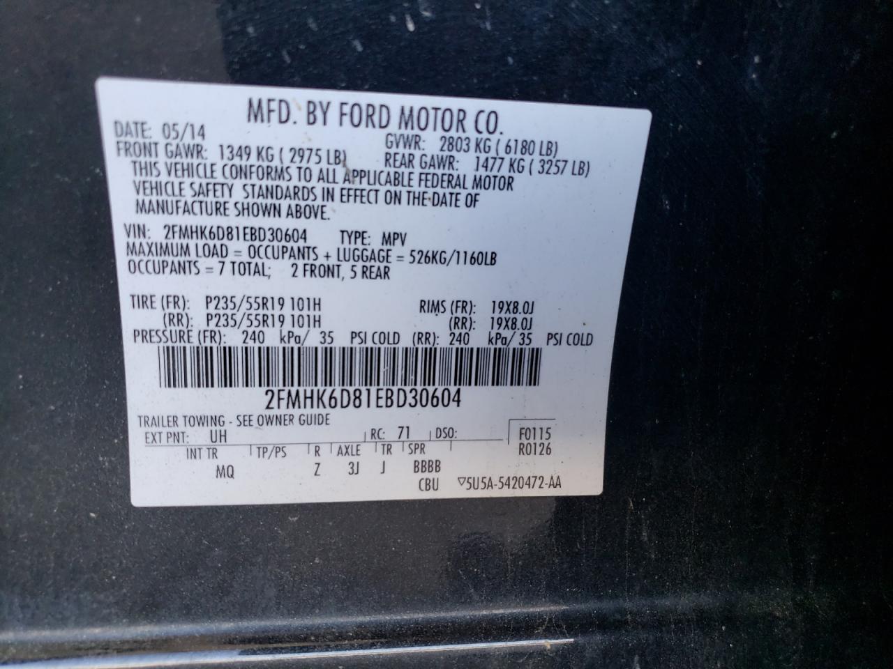 Photo 10 from auction – 2014 FORD FLEX LIMIT with VIN 2FMHK6D81EBD30604