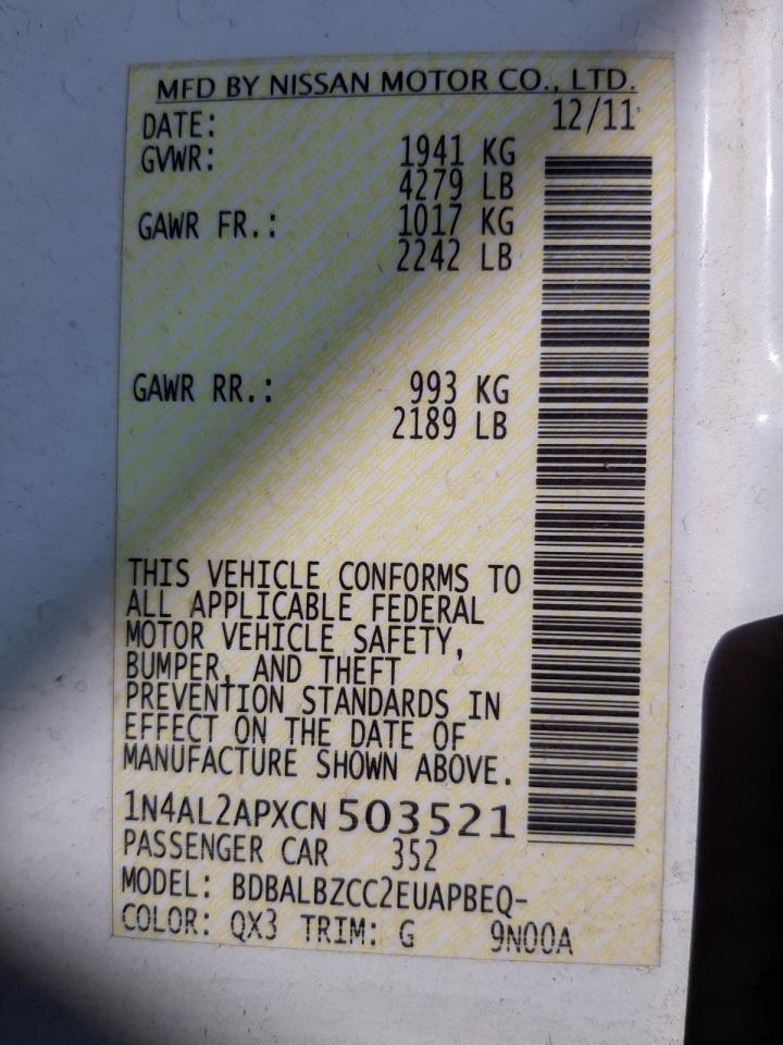 Photo 10 from auction – 2012 NISSAN ALTIMA BAS with VIN 1N4AL2APXCN503521
