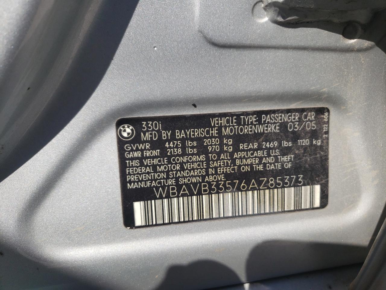 Photo 10 from auction – 2006 BMW 330 I with VIN WBAVB33576AZ85373
