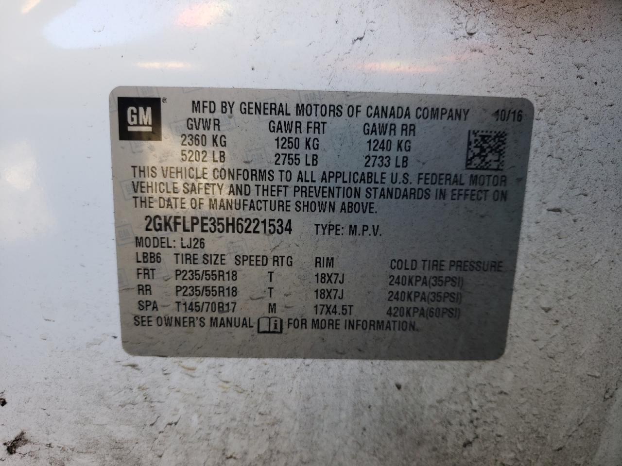 Photo 10 from auction – 2017 GMC TERRAIN SL with VIN 2GKFLPE35H6221534