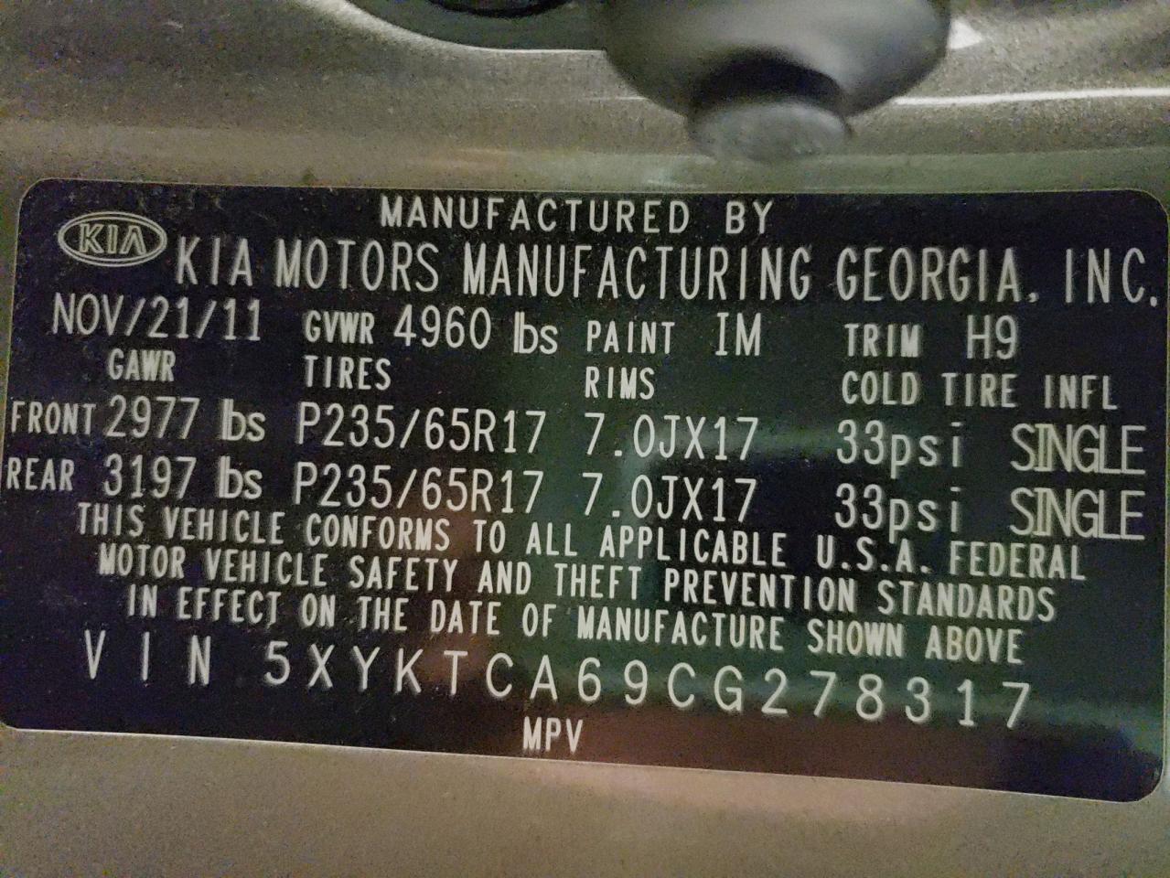 Photo 10 from auction – 2012 KIA SORENTO BA with VIN 5XYKTCA69CG278317
