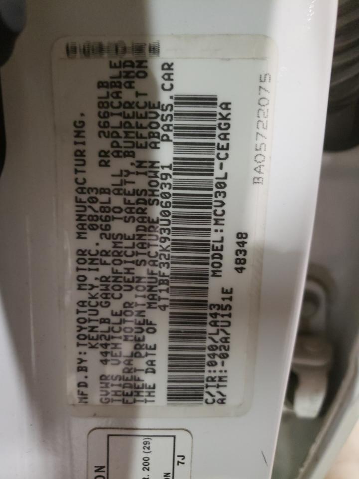 Photo 10 from auction – 2003 TOYOTA CAMRY LE with VIN 4T1BF32K93U060391
