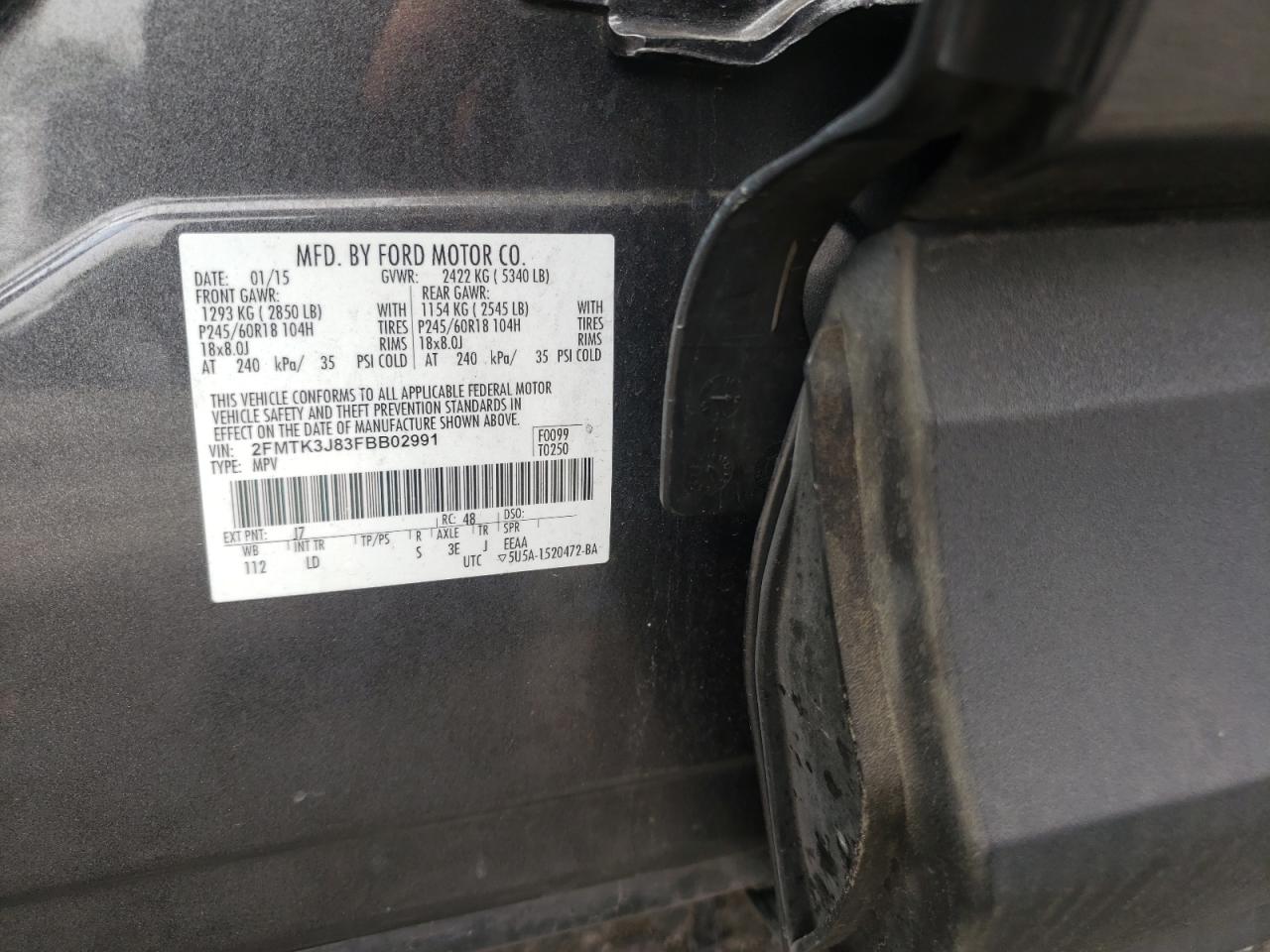 Photo 10 from auction – 2015 FORD EDGE SEL with VIN 2FMTK3J83FBB02991