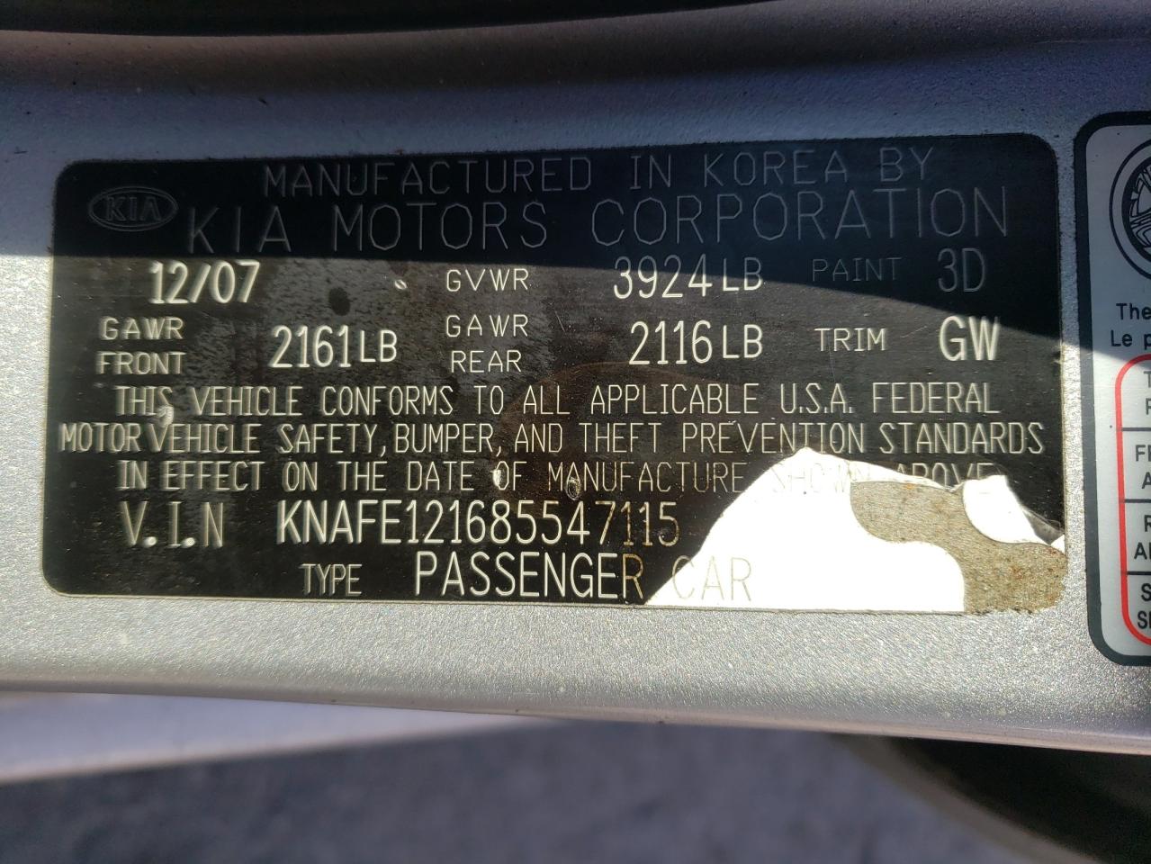 Zdjęcie 10 z aukcji – 2008 KIA SPECTRA EX z VIN KNAFE121685547115