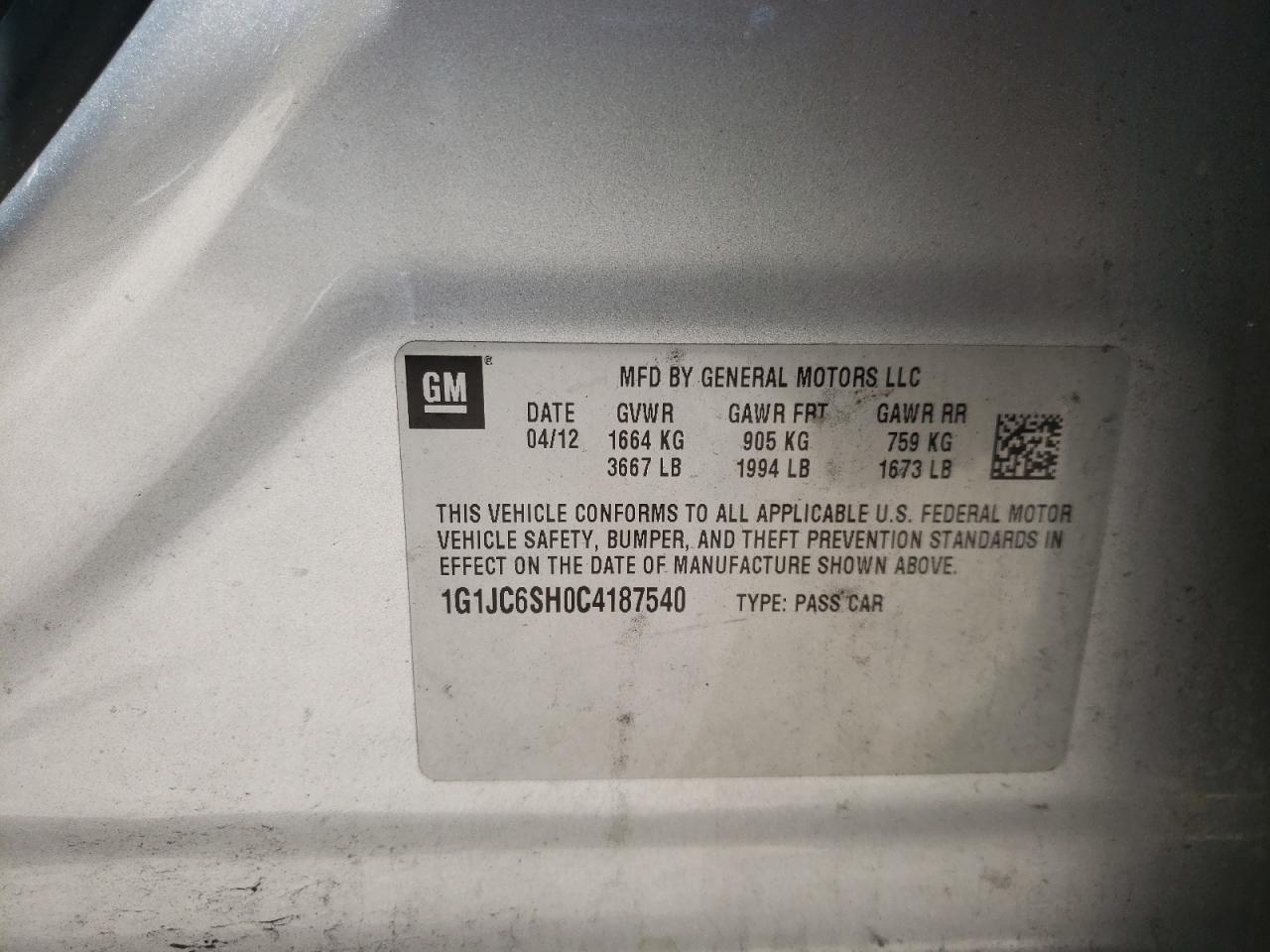 Photo 10 from auction – 2012 CHEVROLET SONIC LT with VIN 1G1JC6SH0C4187540