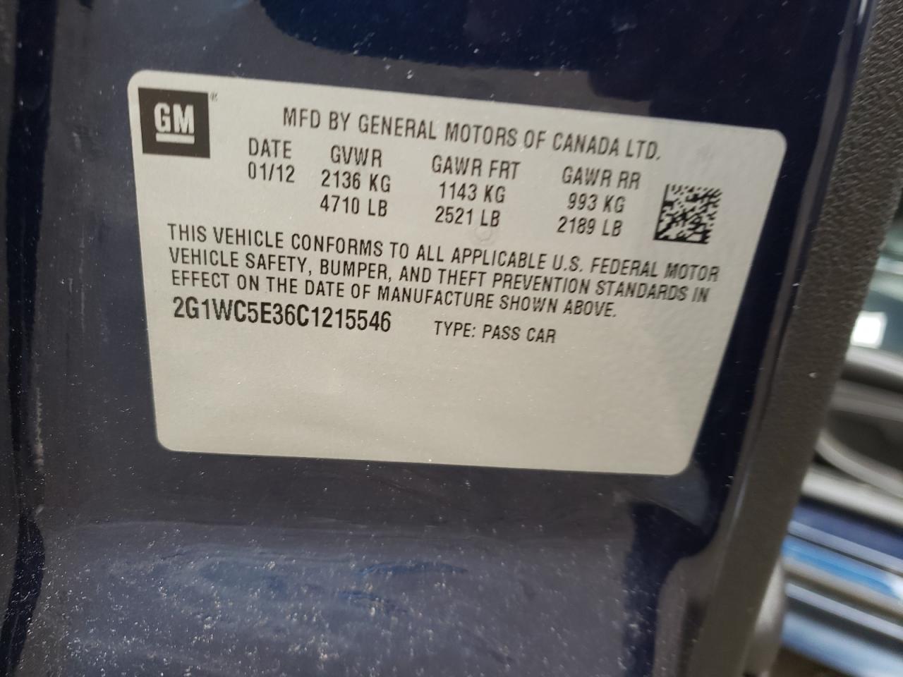 Photo 10 from auction – 2012 CHEVROLET IMPALA LTZ with VIN 2G1WC5E36C1215546