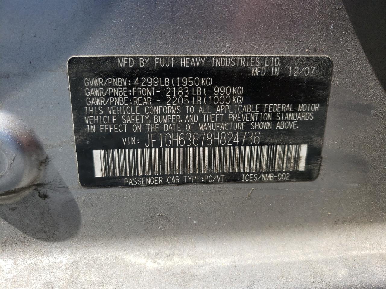 Photo 10 from auction – 2008 SUBARU IMPREZA OU with VIN JF1GH63678H824736