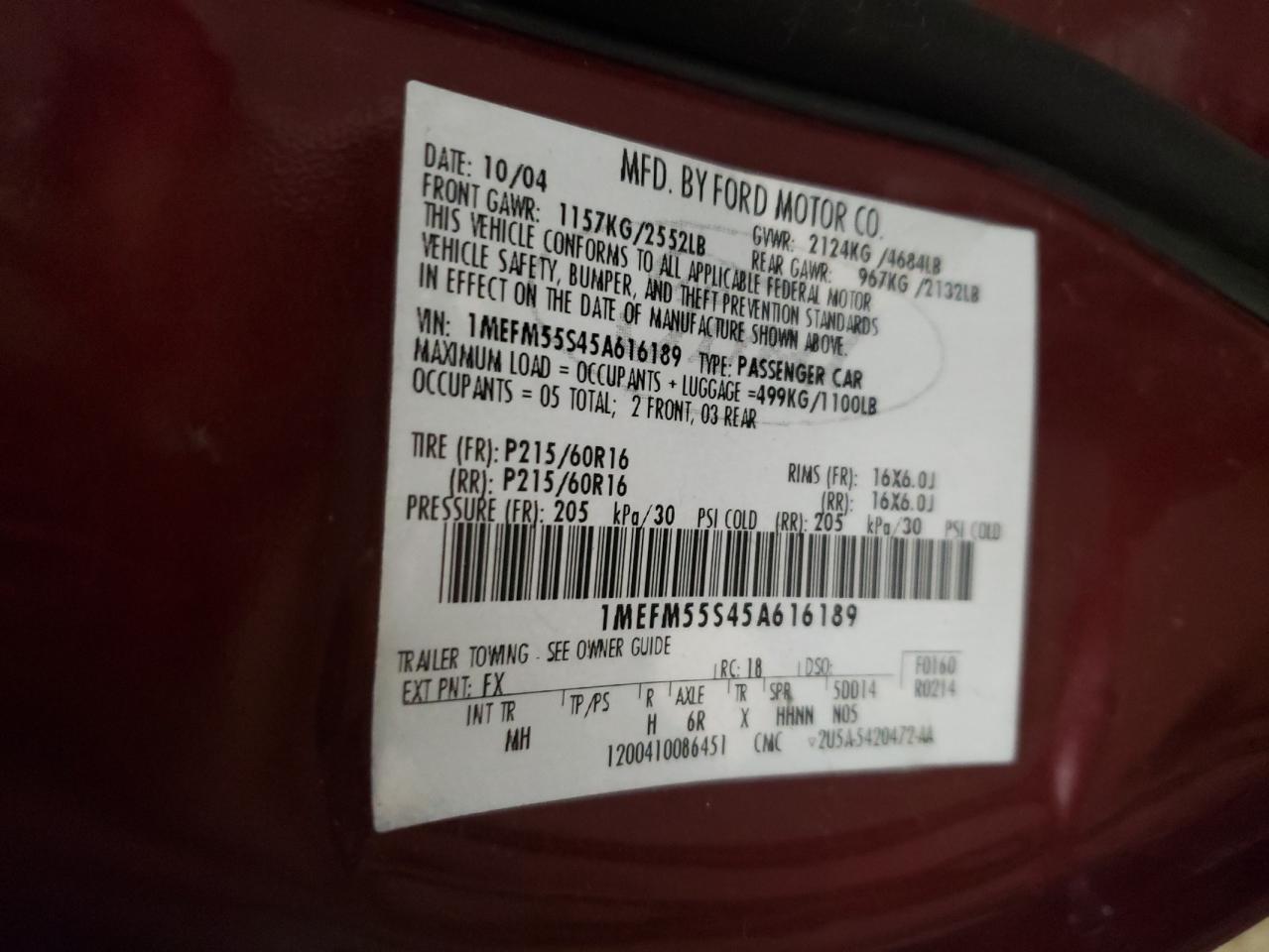 Photo 10 from auction – 2005 MERCURY SABLE LS P with VIN 1MEFM55S45A616189