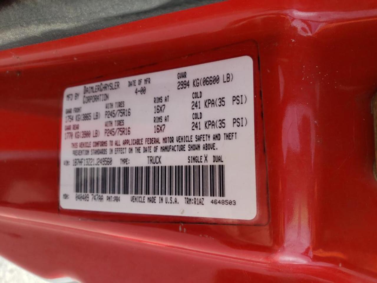 Photo 10 from auction – 2001 DODGE RAM 1500 with VIN 1B7HF13Z21J249560