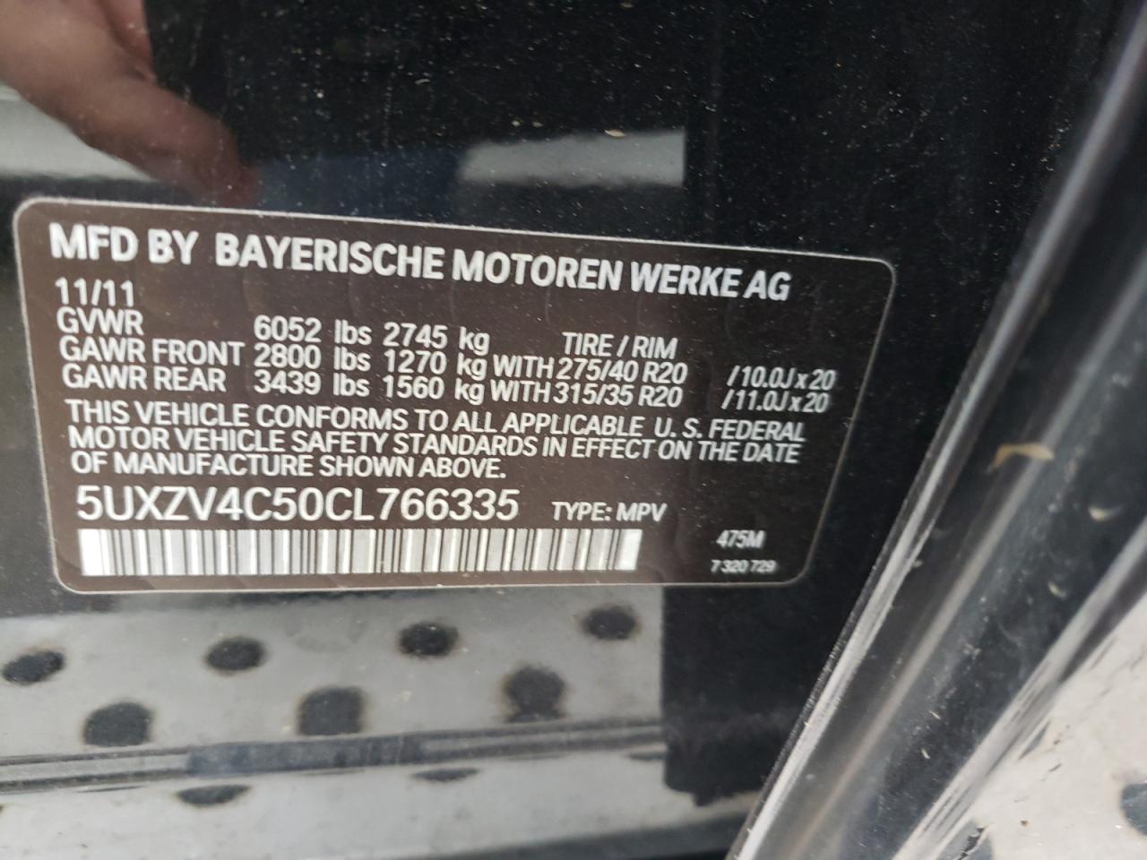 Photo 10 from auction – 2012 BMW X5 XDRIVE3 with VIN 5UXZV4C50CL766335