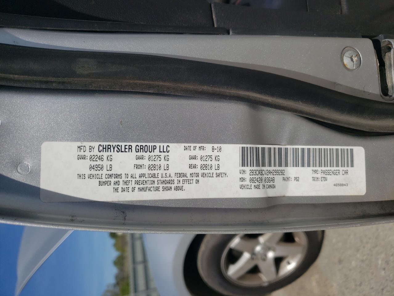 Photo 10 from auction – 2010 DODGE CHARGER with VIN 2B3CA3CV2AH299282