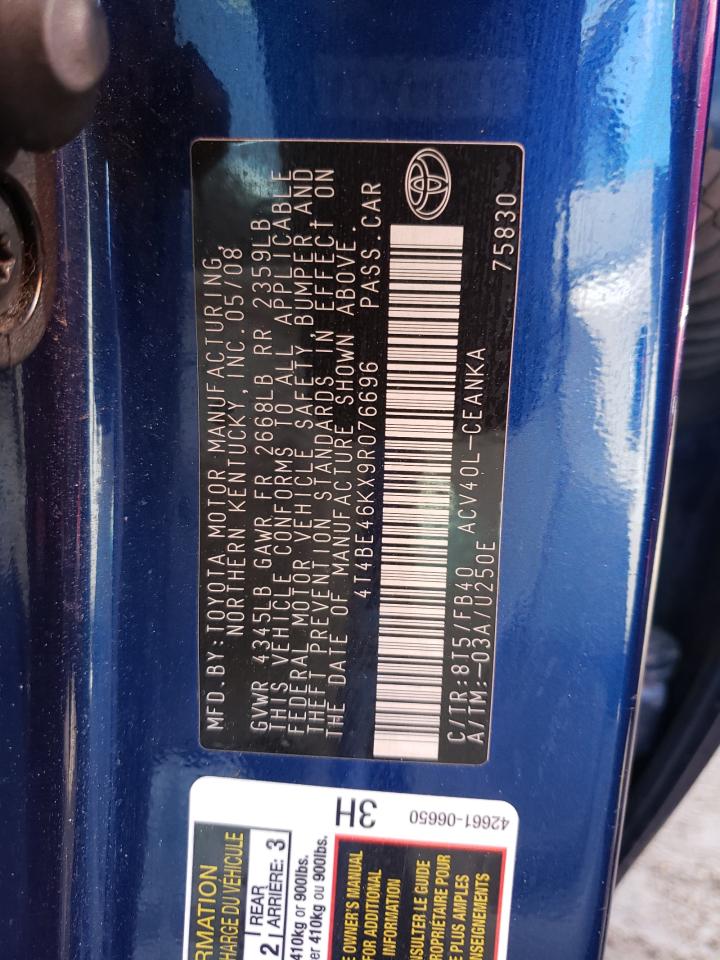 Photo 10 from auction – 2009 TOYOTA CAMRY BASE with VIN 4T4BE46KX9R076696