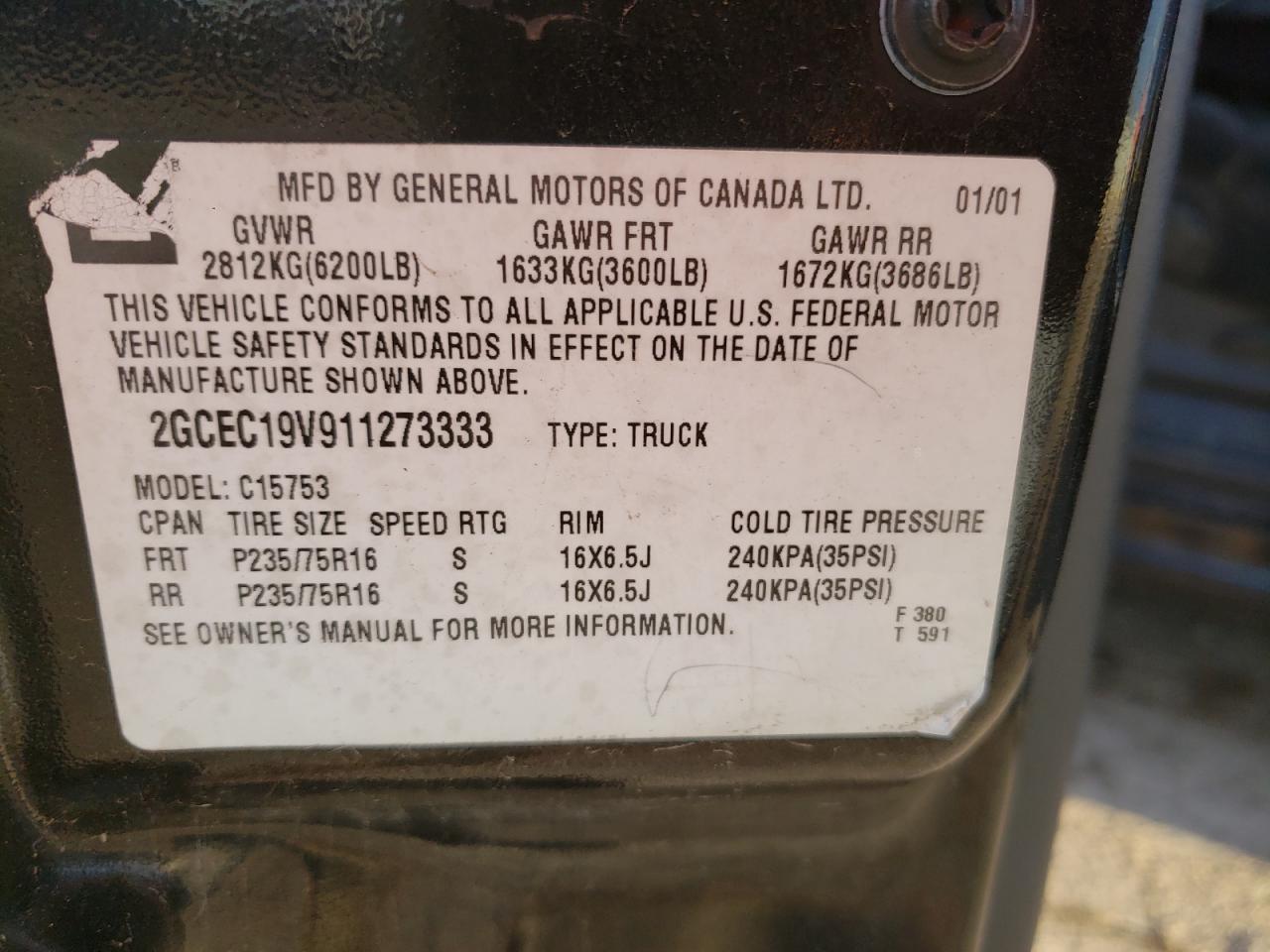 Photo 10 from auction – 2001 CHEVROLET SILVERADO with VIN 2GCEC19V911273333