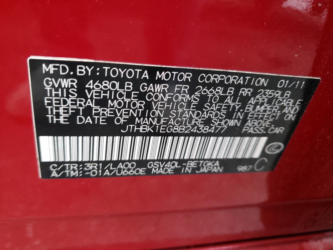 Photo 10 from auction – 2011 LEXUS ES 350 with VIN JTHBK1EG8B2438477
