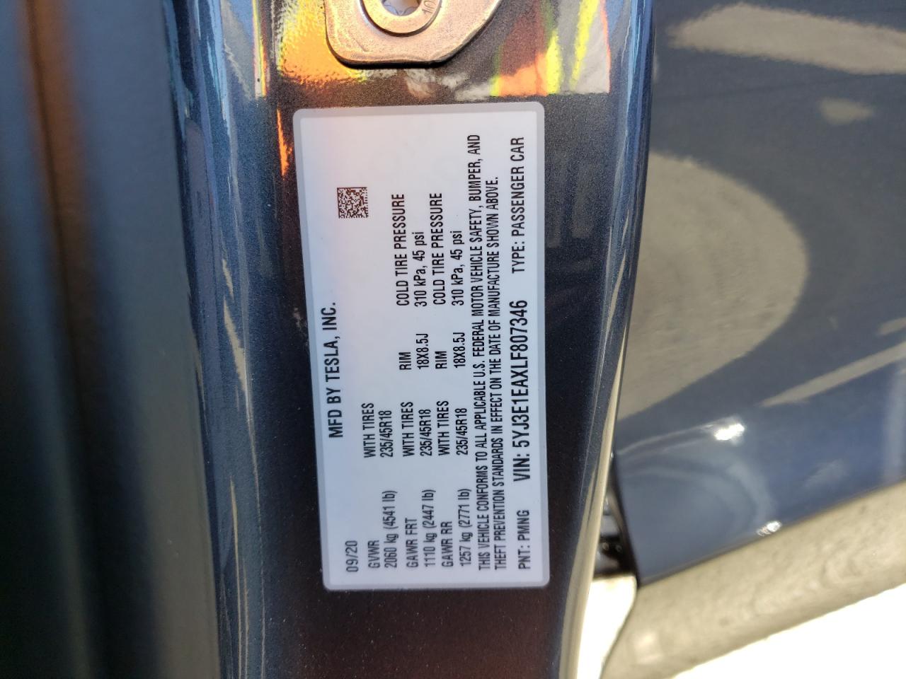 Photo 10 from auction – 2020 TESLA MODEL 3 with VIN 5YJ3E1EAXLF807346