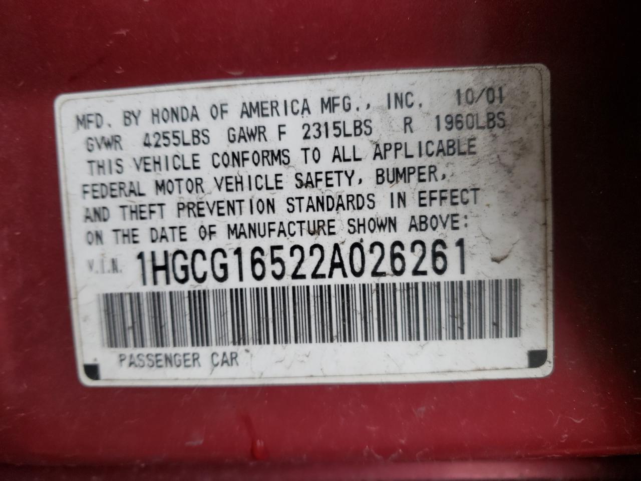 Photo 10 from auction – 2002 HONDA ACCORD EX with VIN 1HGCG16522A026261