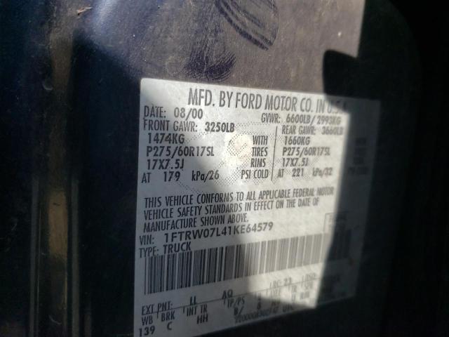 Photo 10 from auction – 2001 FORD F150 SUPER with VIN 1FTRW07L41KE64579