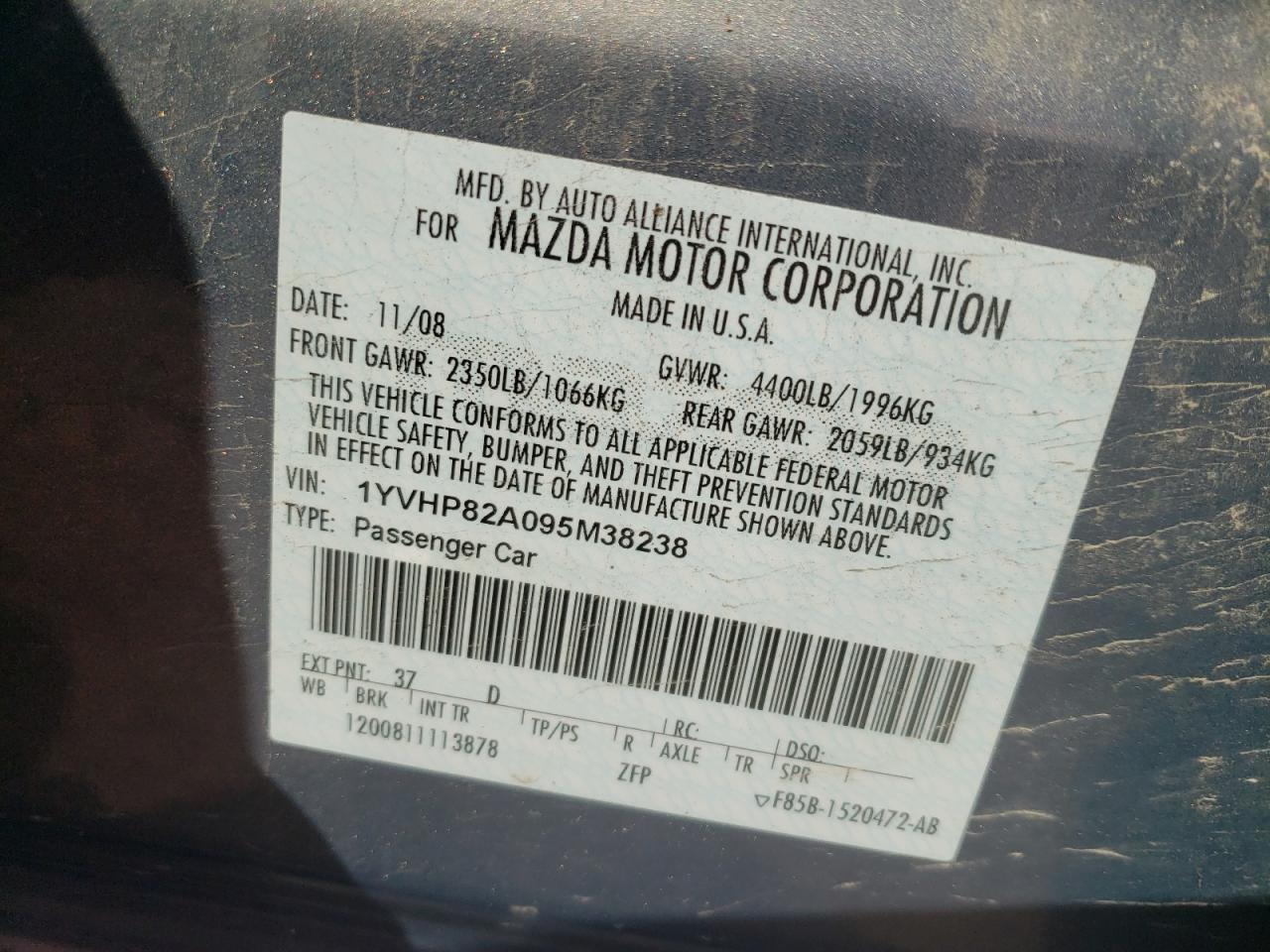 Photo 10 from auction – 2009 MAZDA 6 I with VIN 1YVHP82A095M38238