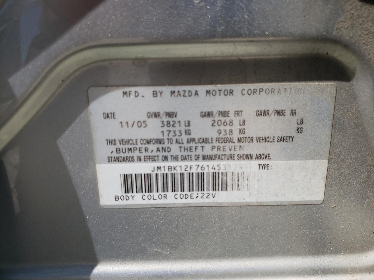 Photo 10 from auction – 2006 MAZDA 3 I with VIN JM1BK12F761453125