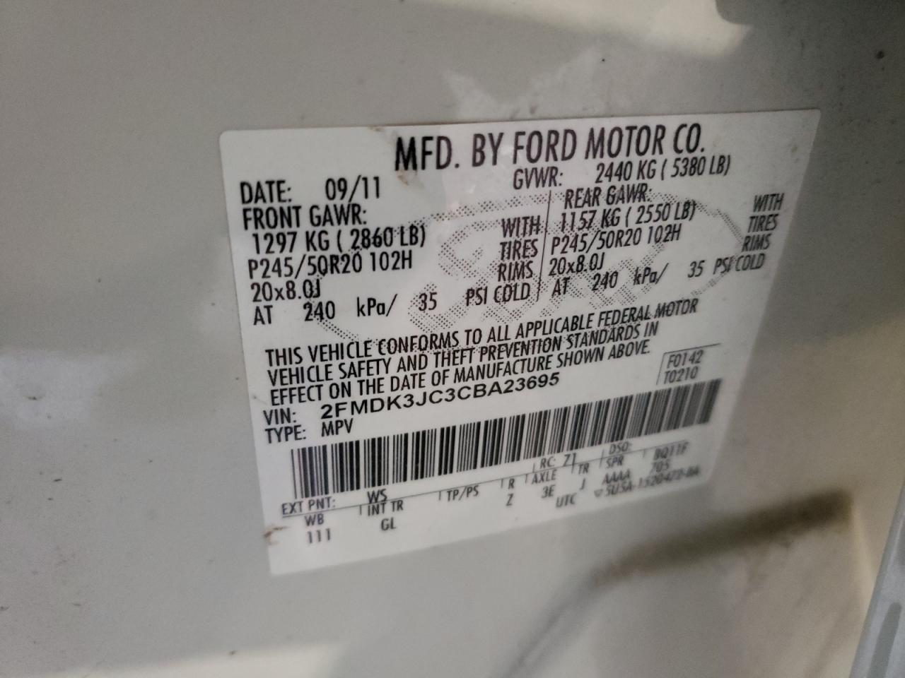 Photo 10 from auction – 2012 FORD EDGE SEL with VIN 2FMDK3JC3CBA23695