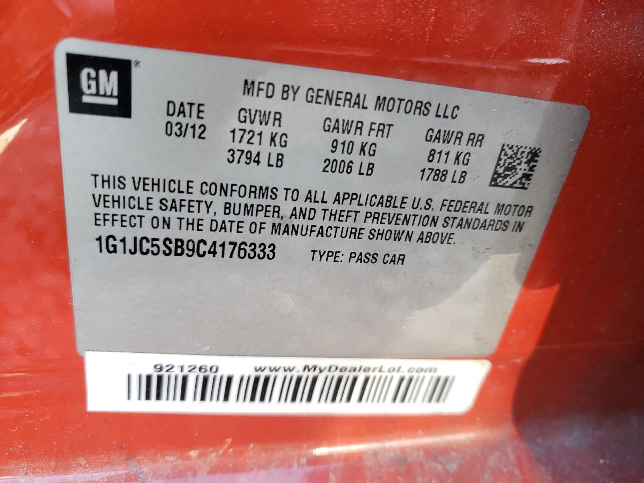 Photo 10 from auction – 2012 CHEVROLET SONIC LT with VIN 1G1JC5SB9C4176333