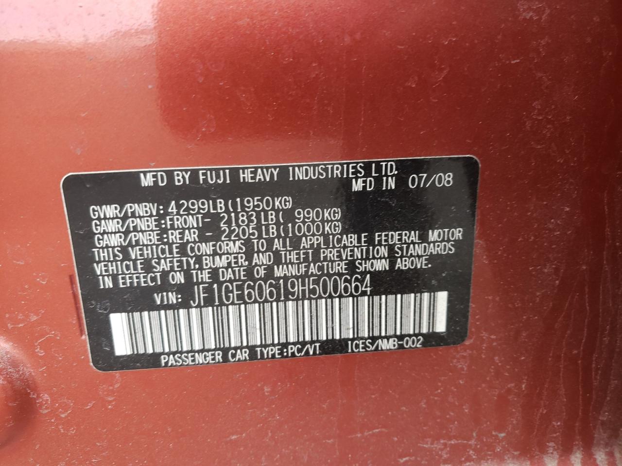 Photo 10 from auction – 2009 SUBARU IMPREZA 2. with VIN JF1GE60619H500664