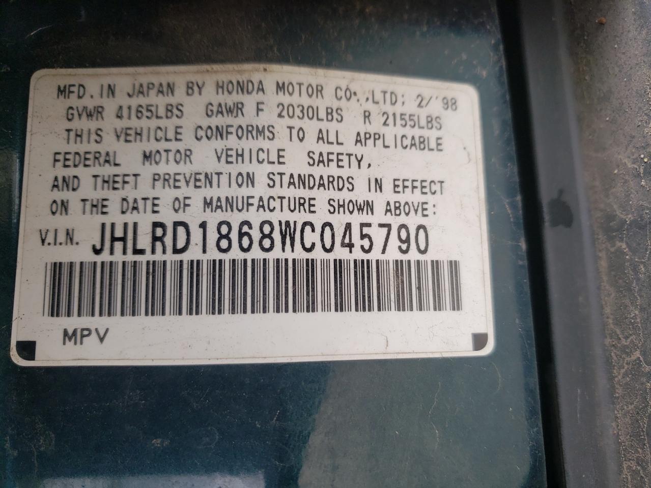 Photo 10 from auction – 1998 HONDA CR-V EX with VIN JHLRD1868WC045790