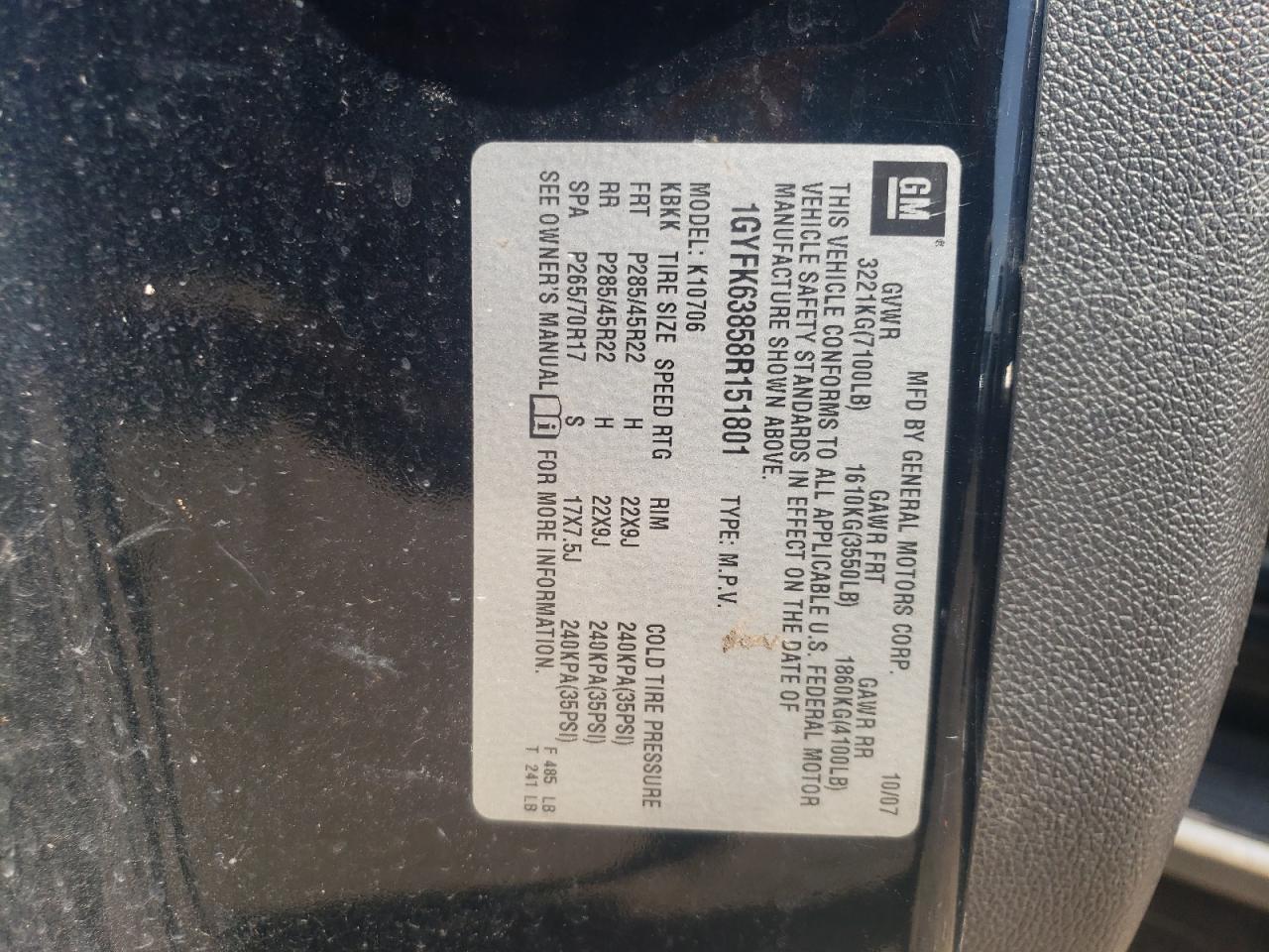 Photo 10 from auction – 2008 CADILLAC ESCALADE L with VIN 1GYFK63858R151801