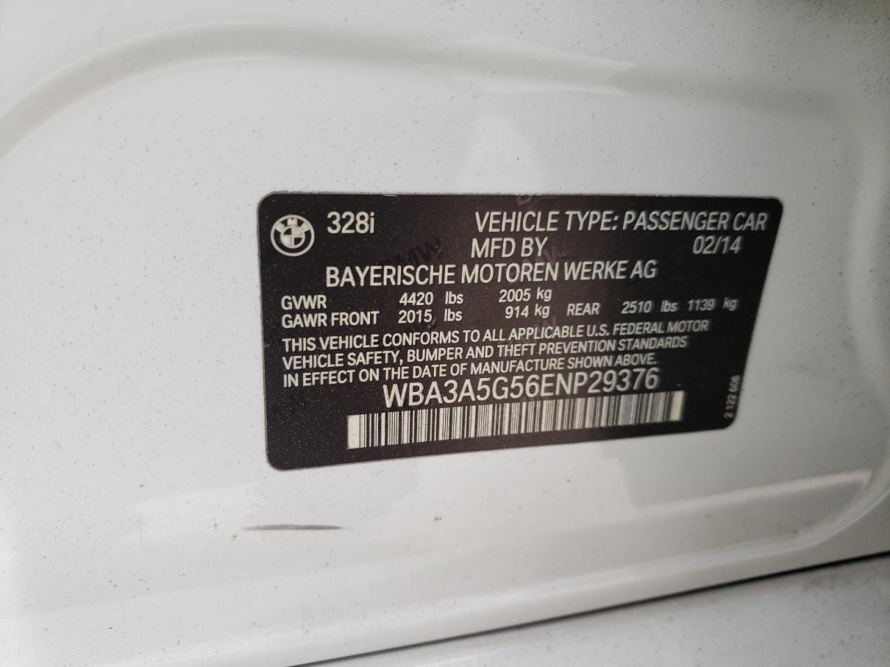 Photo 10 from auction – 2014 BMW 328 I with VIN WBA3A5G56ENP29376