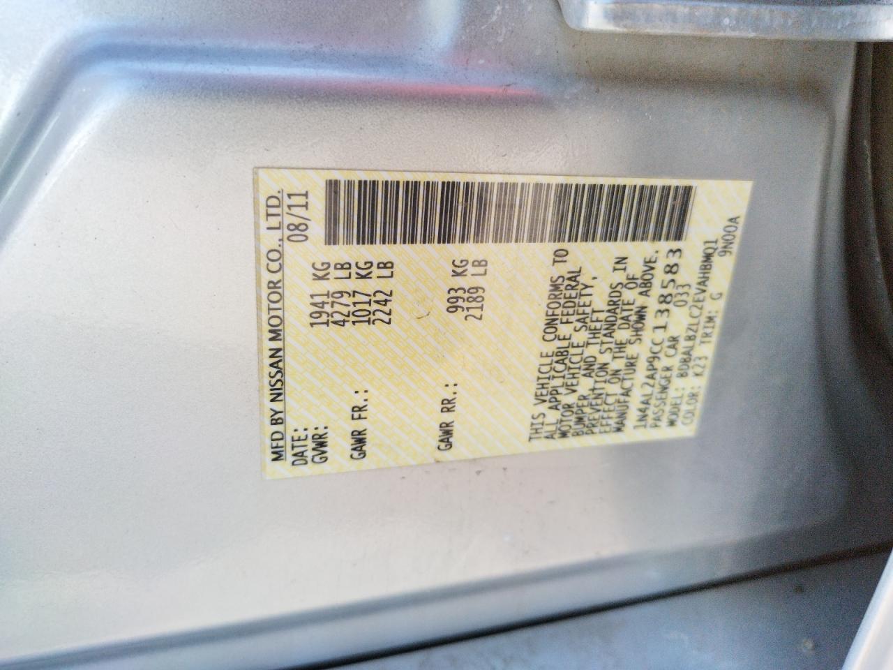 Photo 10 from auction – 2012 NISSAN ALTIMA BAS with VIN 1N4AL2AP9CC138583