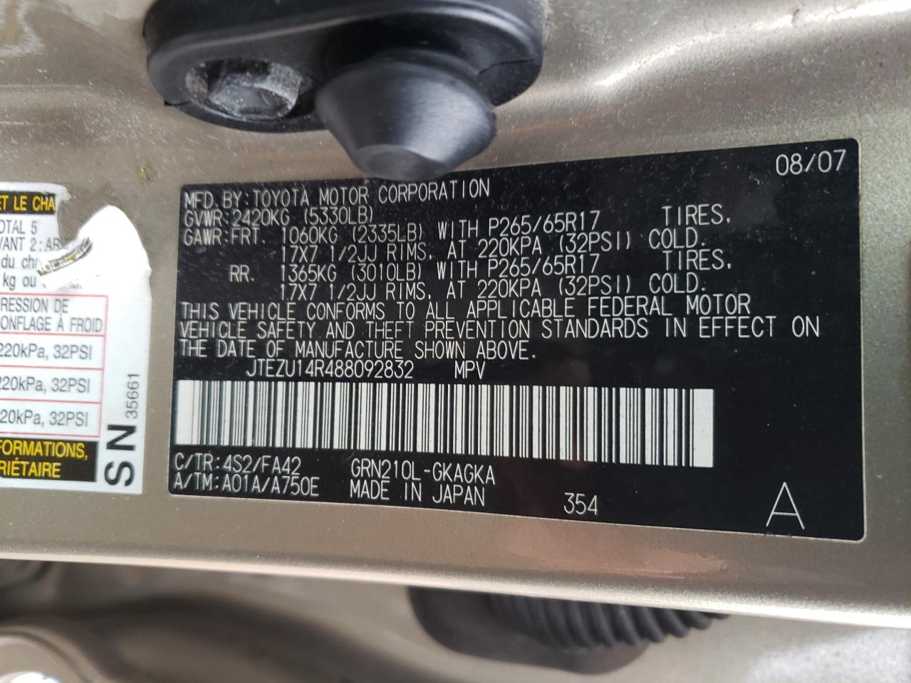 Photo 10 from auction – 2008 TOYOTA 4RUNNER SR with VIN JTEZU14R488092832