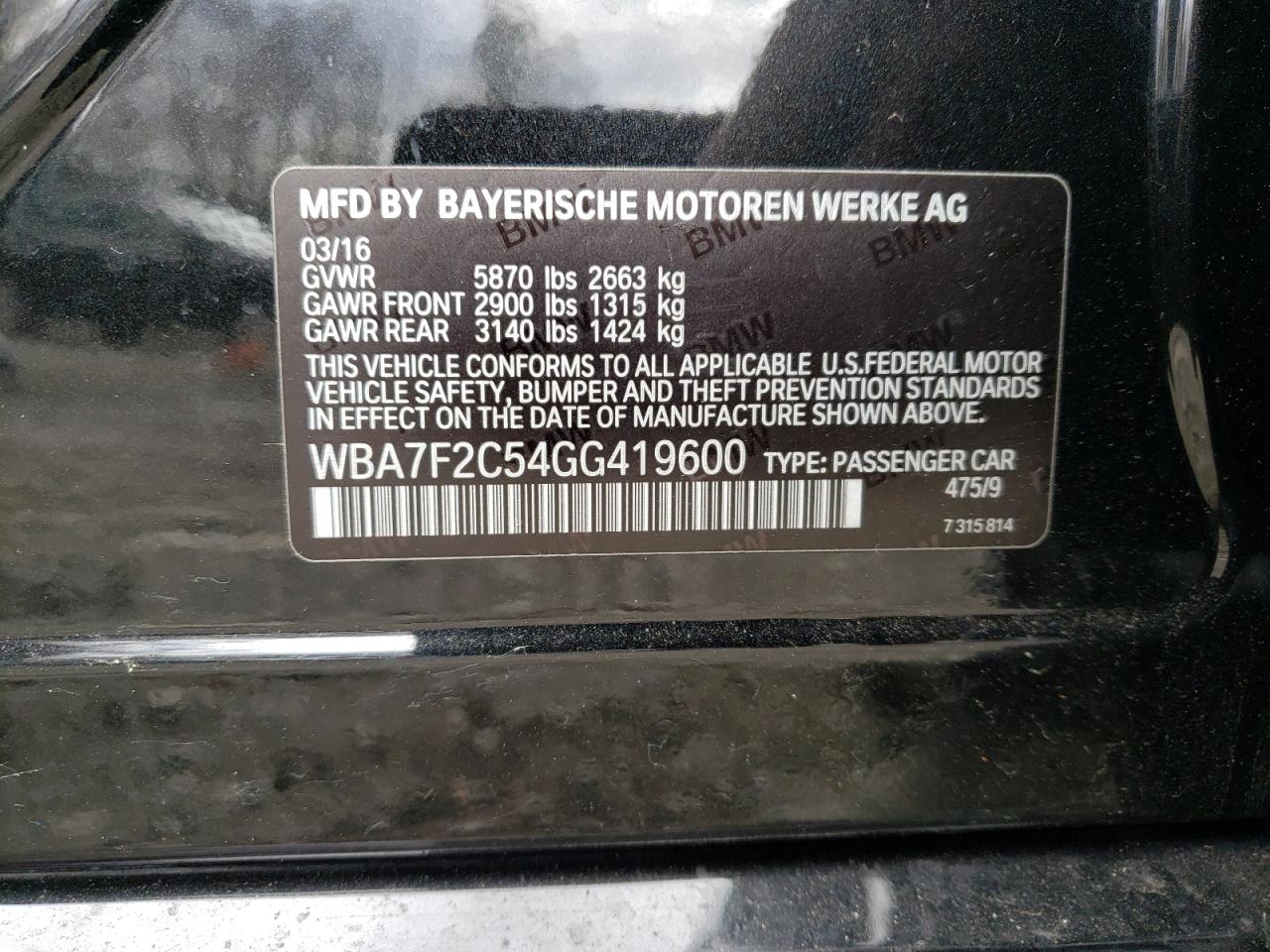Photo 10 from auction – 2016 BMW 750 XI with VIN WBA7F2C54GG419600