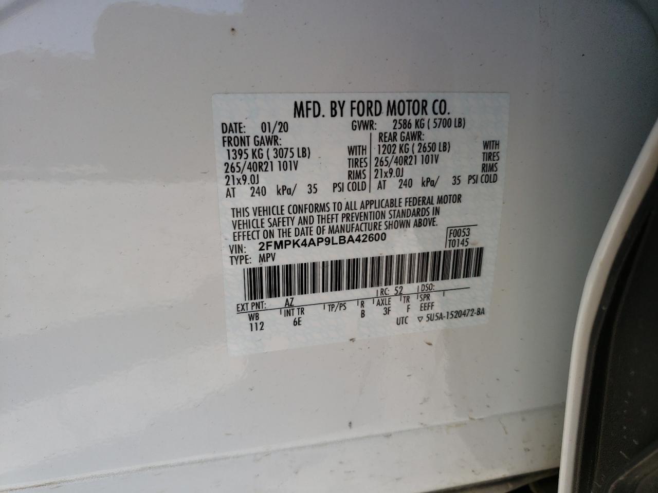 Photo 10 from auction – 2020 FORD EDGE ST with VIN 2FMPK4AP9LBA42600