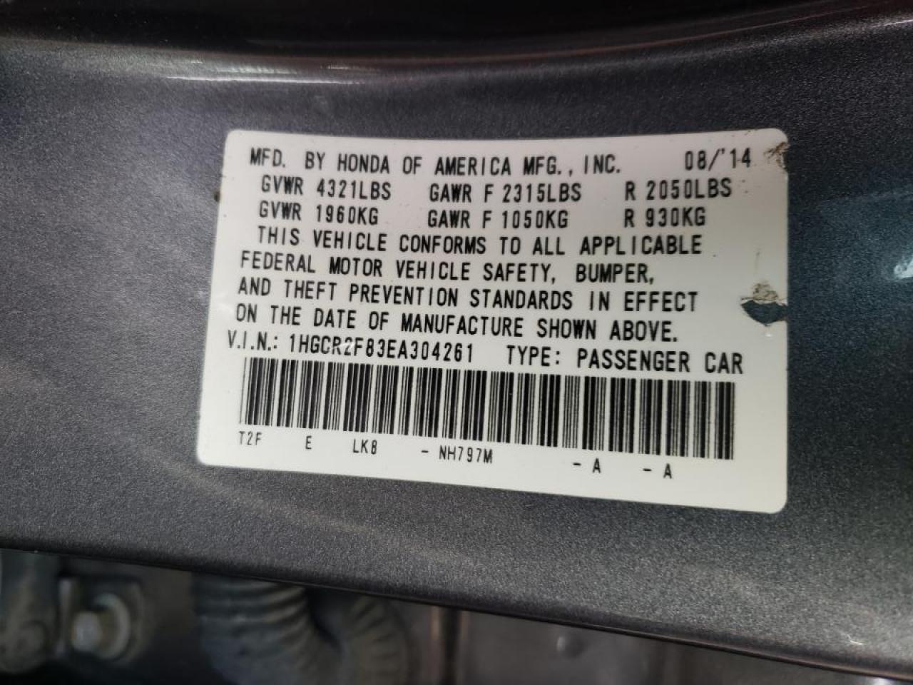 Photo 10 from auction – 2014 HONDA ACCORD EXL with VIN 1HGCR2F83EA304261