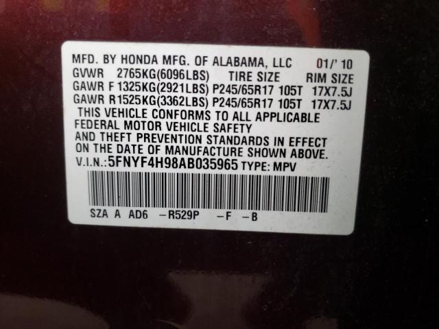 Photo 10 from auction – 2010 HONDA PILOT TOUR with VIN 5FNYF4H98AB035965