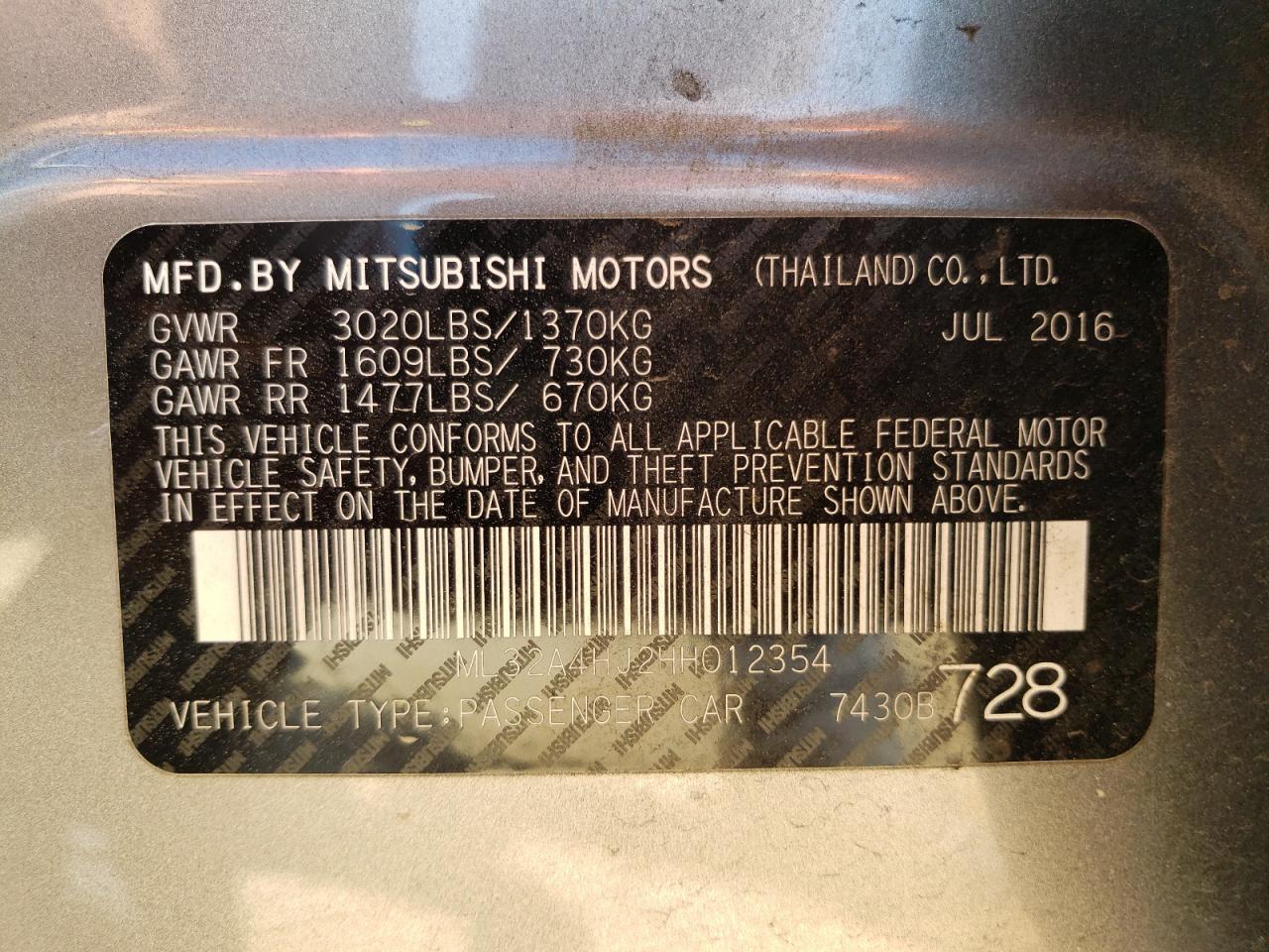 Photo 10 from auction – 2017 MITSUBISHI MIRAGE SE with VIN ML32A4HJ2HH012354
