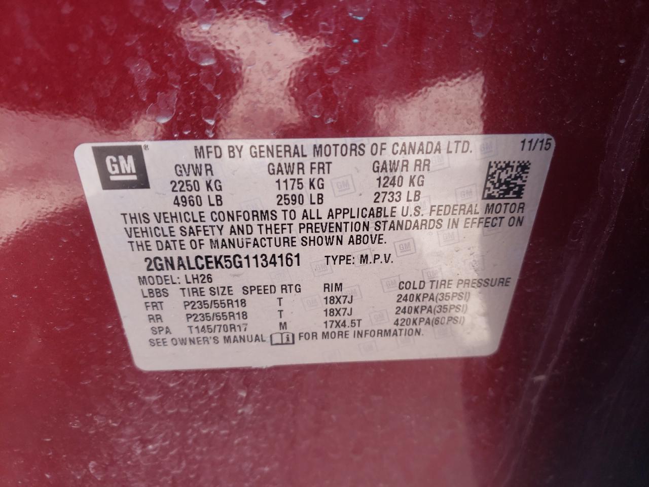 Photo 10 from auction – 2016 CHEVROLET EQUINOX LT with VIN 2GNALCEK5G1134161