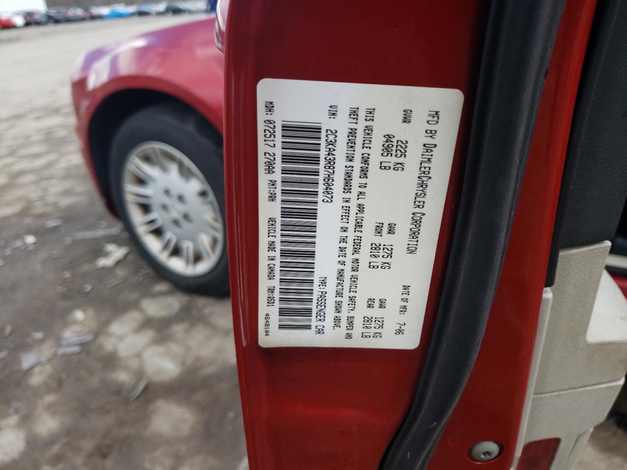 Photo 10 from auction – 2007 CHRYSLER 300 with VIN 2C3KA43R87H604073