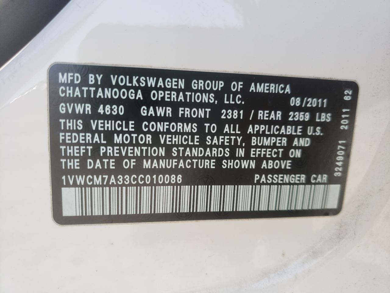 Photo 10 from auction – 2012 VOLKSWAGEN PASSAT SEL with VIN 1VWCM7A33CC010086