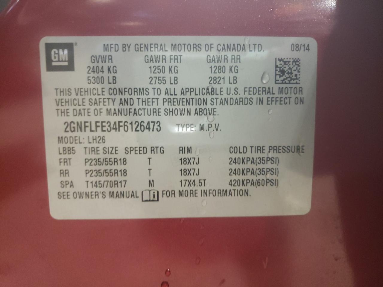 Photo 10 from auction – 2015 CHEVROLET EQUINOX LT with VIN 2GNFLFE34F6126473
