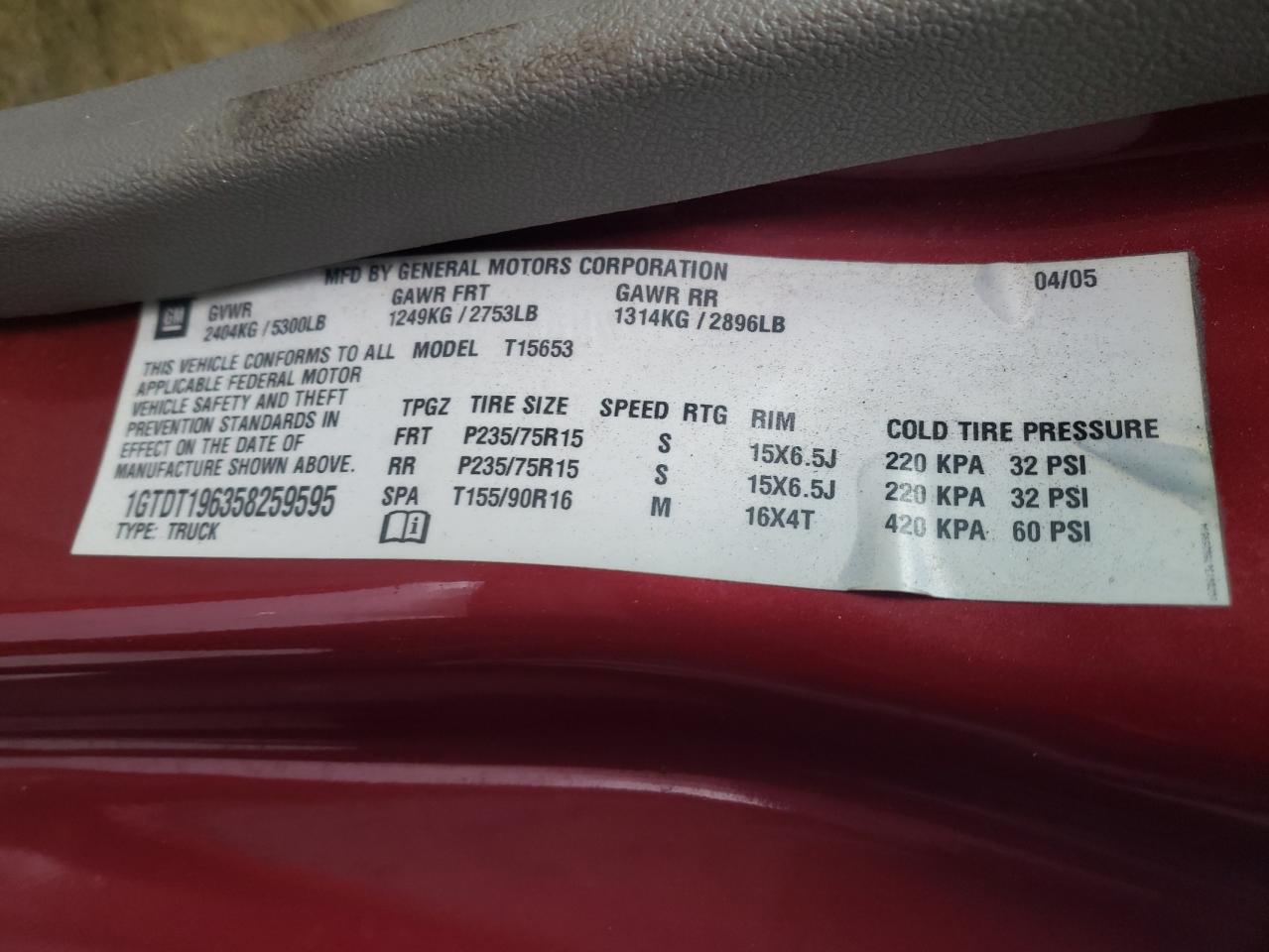 Photo 10 from auction – 2005 GMC CANYON with VIN 1GTDT196358259595
